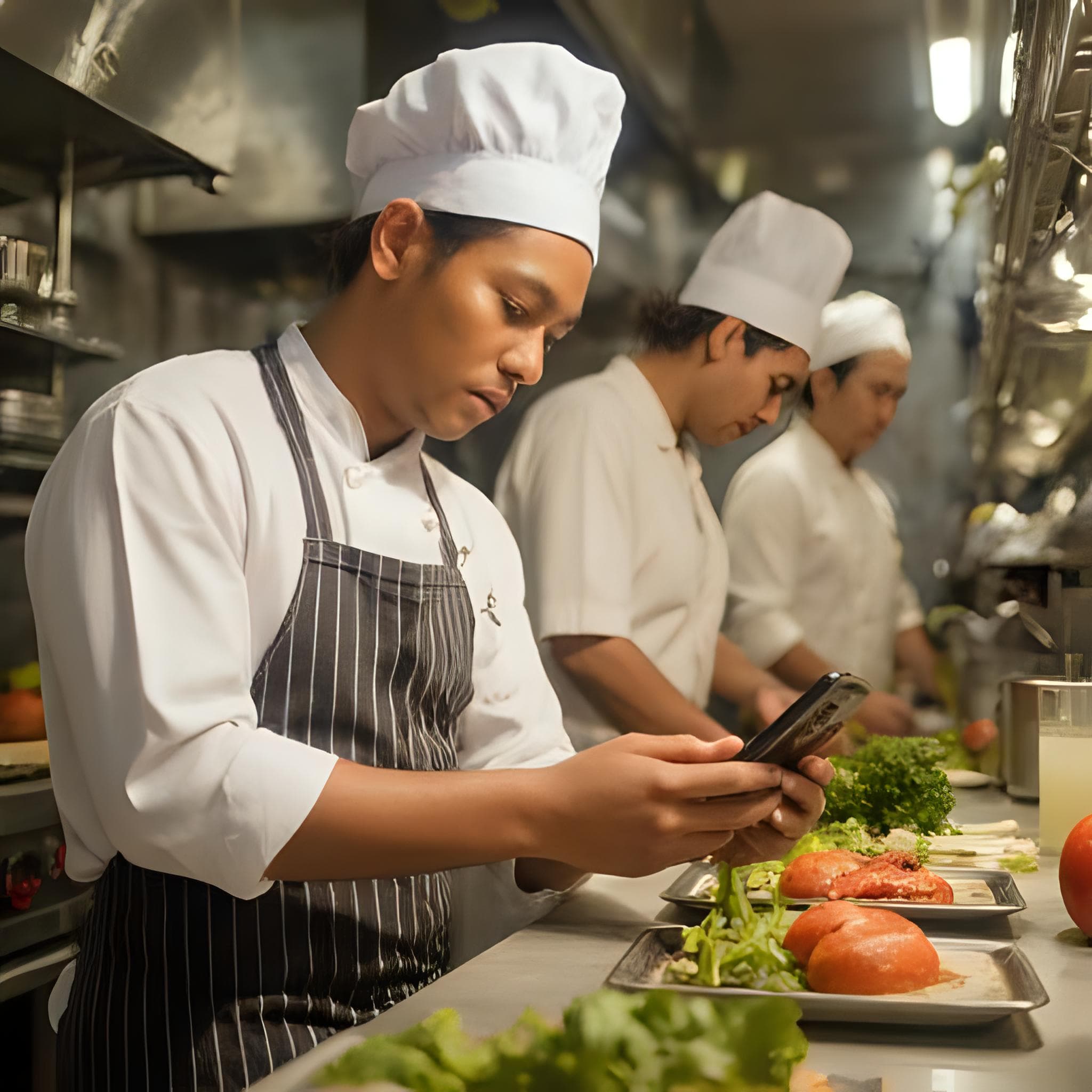 Chef estressado gerindo pedidos no celular